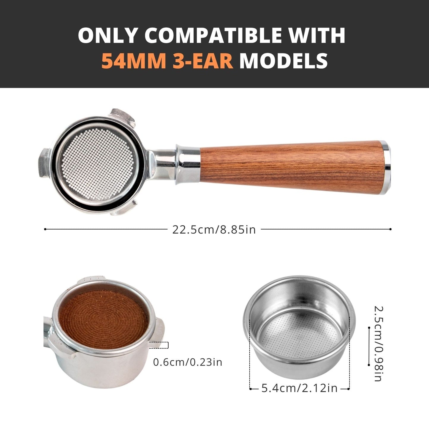 54mm Bottomless Portafilter with 3 Ear, Barista Espresso Portafilter with Stainless Steel Basket and Rosewood Handle, Compatible with Breville 54mm Espresso Machines