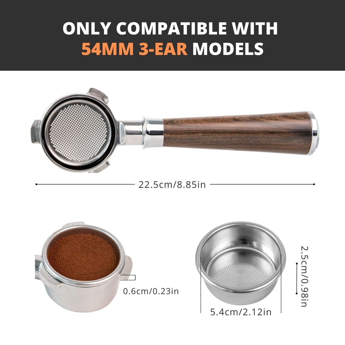 54mm Bottomless Portafilter with 3 Ear, Barista Espresso Portafilter with Stainless Steel Basket and Rosewood Handle, Compatible with Breville 54mm Espresso Machines
