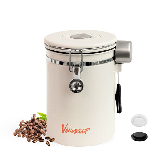 Vandroop 22oz Coffee Canister with Date Tracker & Measuring Scoop(Cream White)