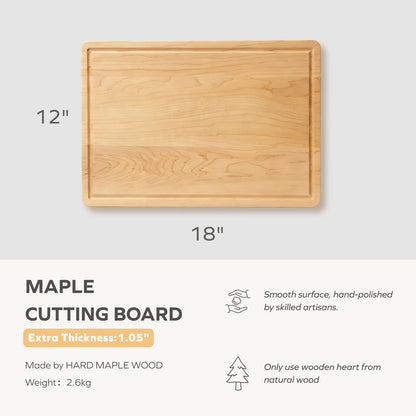 Hard Maple Cutting Board for Kitchen 1.0” Thick with Invisible Inner Handle and Juice Groove