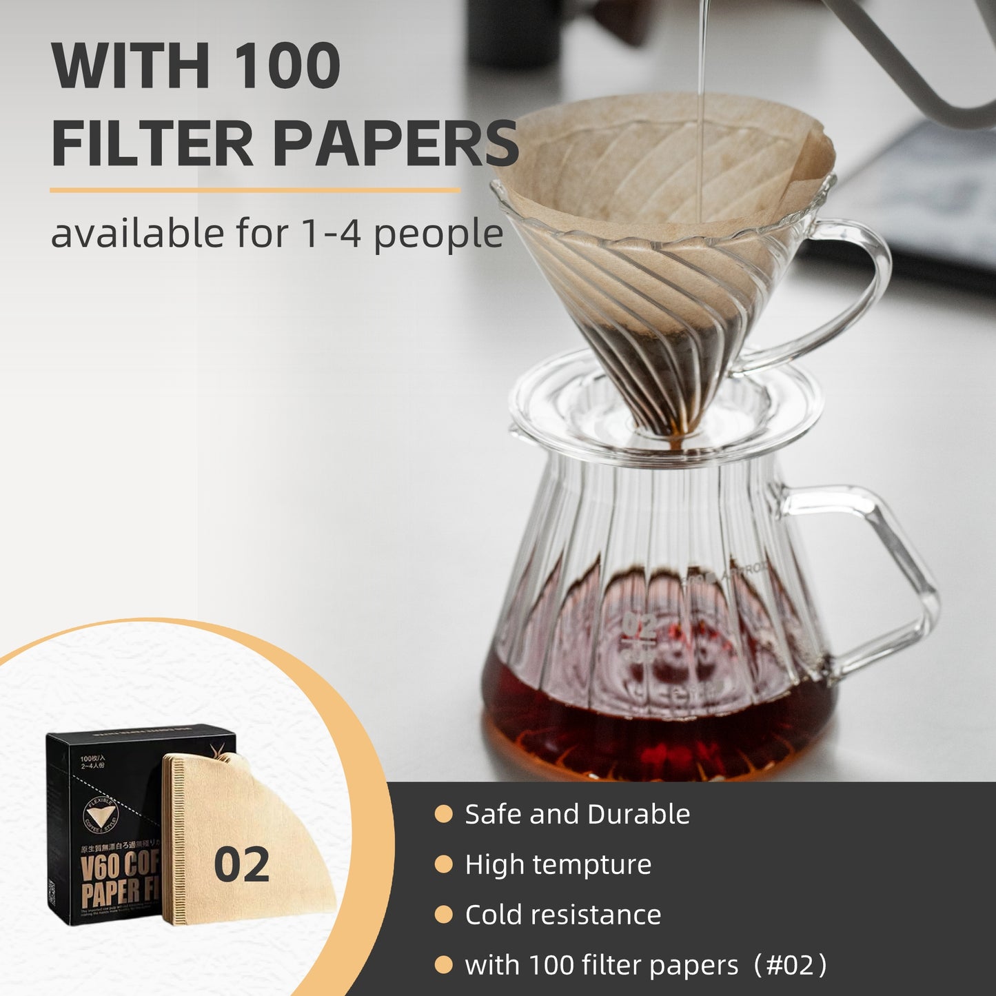 Vandroop V60 Glass Coffee Dripper, Size 02（with 100 Filter Papers）