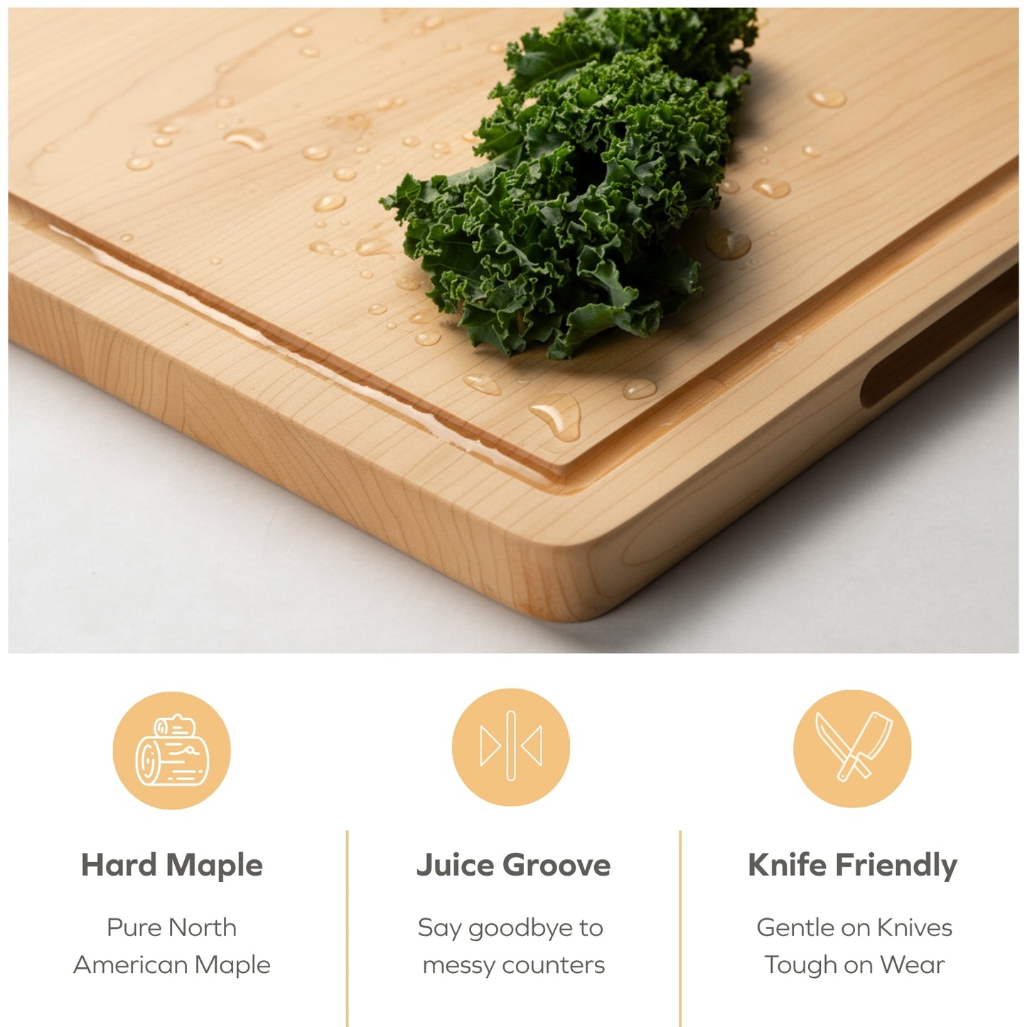 Hard Maple Cutting Board for Kitchen 1.0” Thick with Invisible Inner Handle and Juice Groove