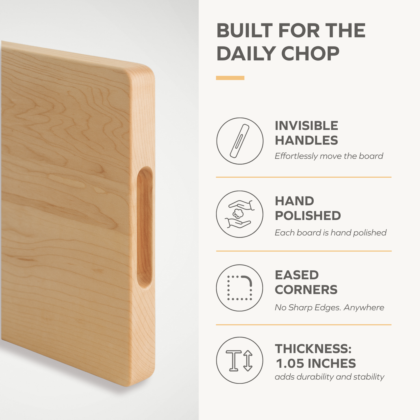 Hard Maple Cutting Board for Kitchen 1.0” Thick with Invisible Inner Handle