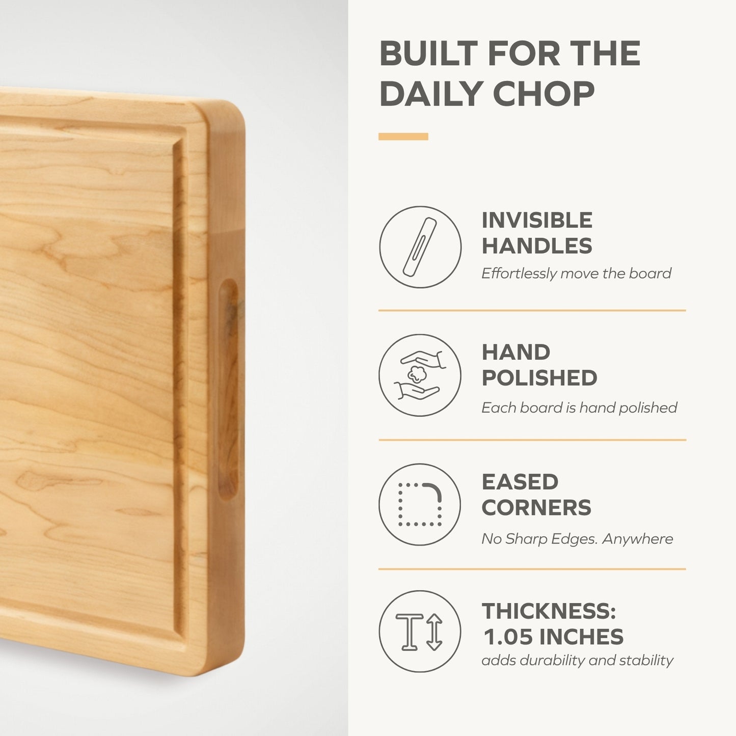 Hard Maple Cutting Board for Kitchen 1.0” Thick with Invisible Inner Handle and Juice Groove