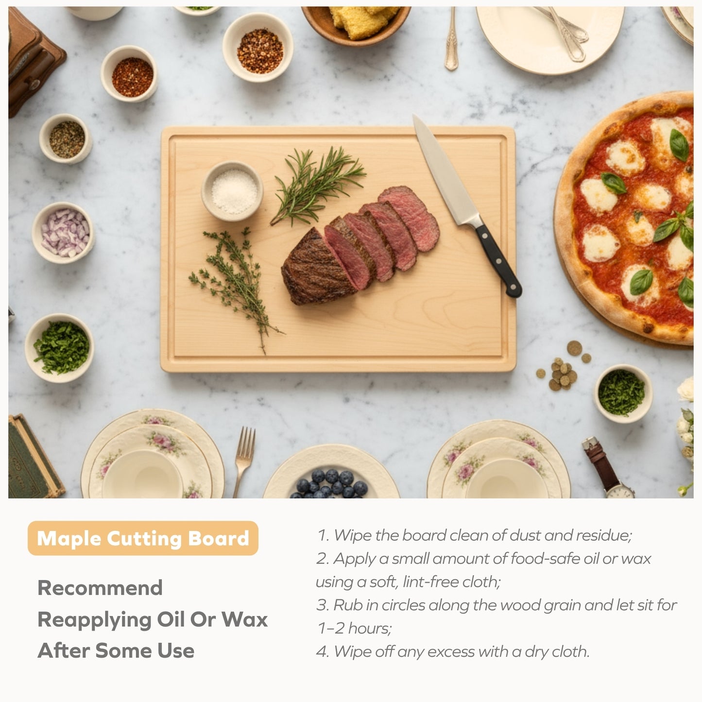 Hard Maple Cutting Board for Kitchen 1.0” Thick with Invisible Inner Handle and Juice Groove