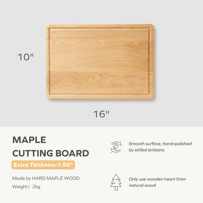 Hard Maple Cutting Board for Kitchen 1.0” Thick with Invisible Inner Handle and Juice Groove